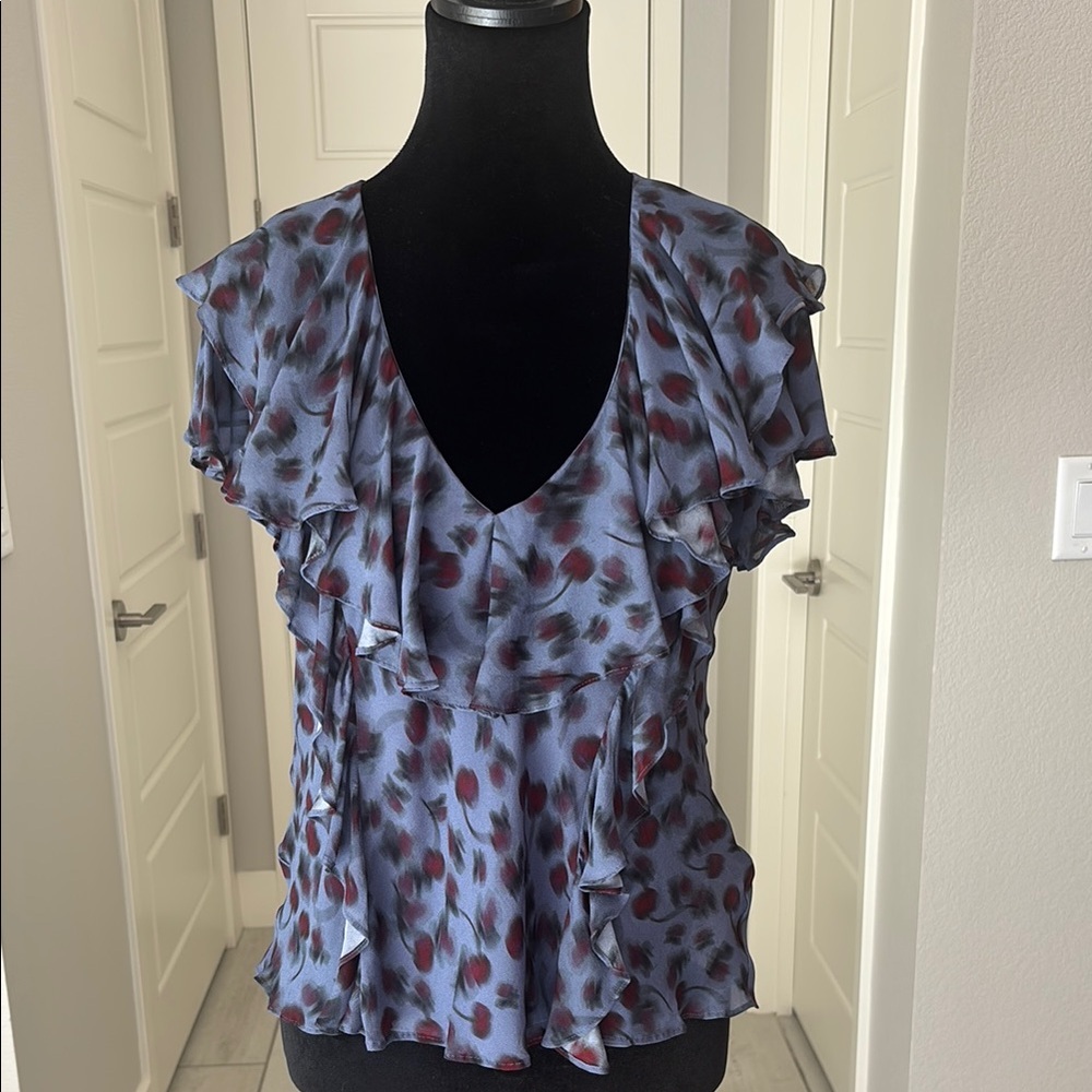 J. Crew Ruffled Chiffon Cap Sleeve Blouse Blue Grey with Cherry Print Size XS - Picture 3 of 10